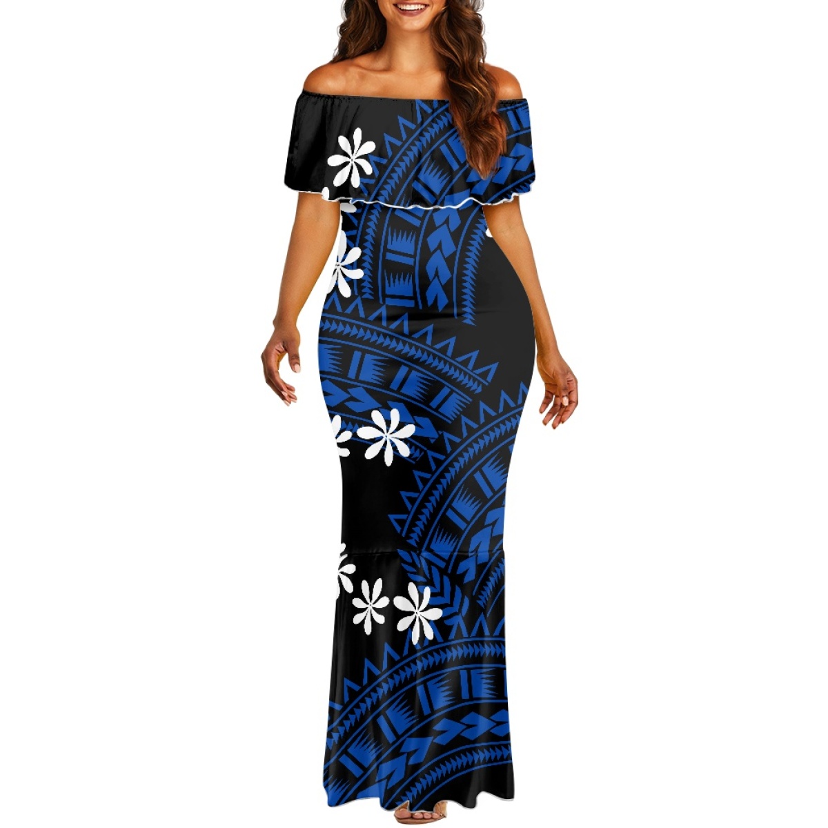 Bodycon Dress Women - Платье-русалка с открытыми плечами в полинезийском